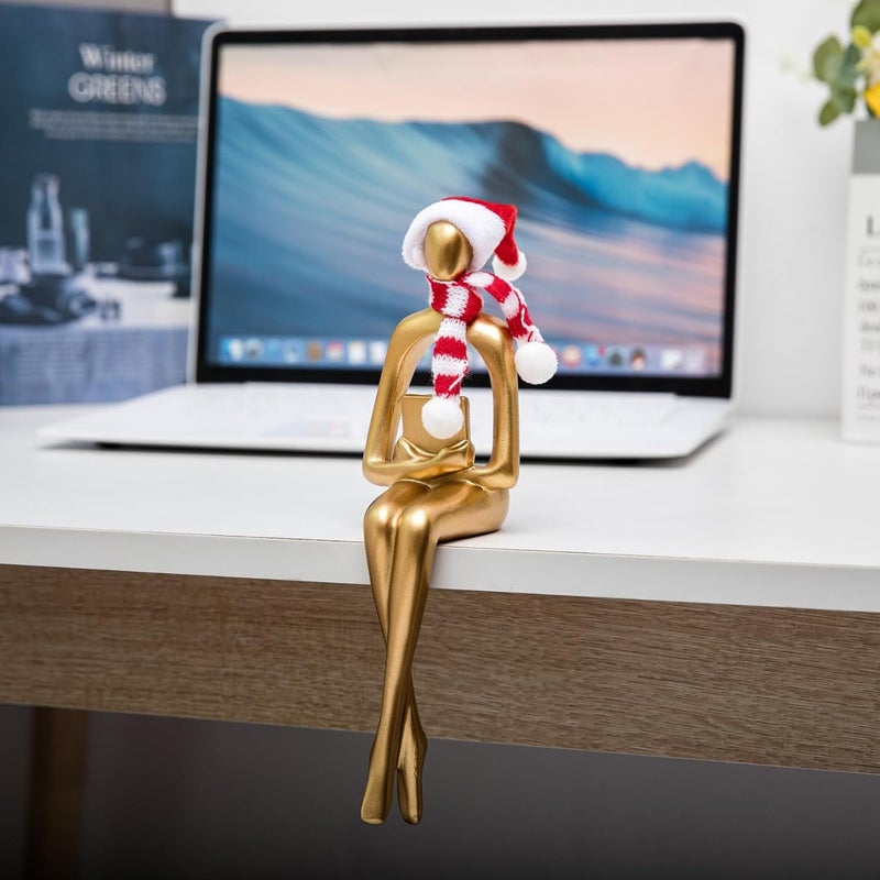 Prettidecor Christmas Gold Home Decor Thinker Statue Accents, 2025 Xmas Thinker Sculptures Office Decor Modern Abstract Decoration on Shelf Table Desk for Living Room Office Bedroom Comes with Christmas Hats - Image 5